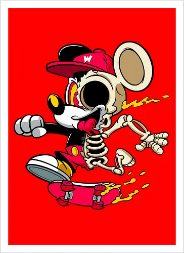 Skelett-Skater-Maus – Neon Streetwear Horror Cartoon Kunst - Pop Art Skate Horror, Maus Charakter Horror, Cartoon Skelett Streetwear, Skelett Skate Maus, Cartoon Horror Streetwear, rote Mütze Skelett, hypnotisches Auge Cartoon, Underground Skate Horror Kunst, schmelzende Neon Maus, Mickey Mouse horror, Mickey Mouse skeleton, Disney skate art, Mickey Mouse freaky, Disney horror geek, Geek Skate Horror Druck, Zombie Cartoon Skater, blauer Hintergrund Cartoon Horror, alternative Skate Kunst, dunkler urbaner Skate Cartoon, urbaner Neon Horror Druck - Artprint