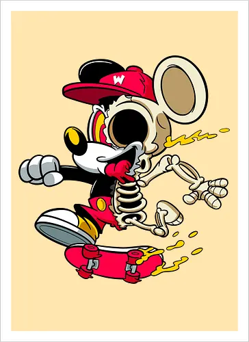 Skelett-Skater-Maus – Neon Streetwear Horror Cartoon Kunst - Pop Art Skate Horror, Maus Charakter Horror, Cartoon Skelett Streetwear, Skelett Skate Maus, Cartoon Horror Streetwear, rote Mütze Skelett, hypnotisches Auge Cartoon, Underground Skate Horror Kunst, schmelzende Neon Maus, Mickey Mouse horror, Mickey Mouse skeleton, Disney skate art, Mickey Mouse freaky, Disney horror geek, Geek Skate Horror Druck, Zombie Cartoon Skater, blauer Hintergrund Cartoon Horror, alternative Skate Kunst, dunkler urbaner Skate Cartoon, urbaner Neon Horror Druck - Artprint