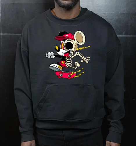 Skelett-Skater-Maus – Neon Streetwear Horror Cartoon Kunst - Pop Art Skate Horror, Maus Charakter Horror, Cartoon Skelett Streetwear, Skelett Skate Maus, Cartoon Horror Streetwear, rote Mütze Skelett, hypnotisches Auge Cartoon, Underground Skate Horror Kunst, schmelzende Neon Maus, Mickey Mouse horror, Mickey Mouse skeleton, Disney skate art, Mickey Mouse freaky, Disney horror geek, Geek Skate Horror Druck, Zombie Cartoon Skater, blauer Hintergrund Cartoon Horror, alternative Skate Kunst, dunkler urbaner Skate Cartoon, urbaner Neon Horror Druck - Cropped Sweatshirt