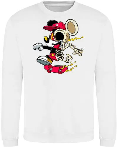 Skelett-Skater-Maus – Neon Streetwear Horror Cartoon Kunst - Pop Art Skate Horror, Maus Charakter Horror, Cartoon Skelett Streetwear, Skelett Skate Maus, Cartoon Horror Streetwear, rote Mütze Skelett, hypnotisches Auge Cartoon, Underground Skate Horror Kunst, schmelzende Neon Maus, Mickey Mouse horror, Mickey Mouse skeleton, Disney skate art, Mickey Mouse freaky, Disney horror geek, Geek Skate Horror Druck, Zombie Cartoon Skater, blauer Hintergrund Cartoon Horror, alternative Skate Kunst, dunkler urbaner Skate Cartoon, urbaner Neon Horror Druck - Sweatshirt