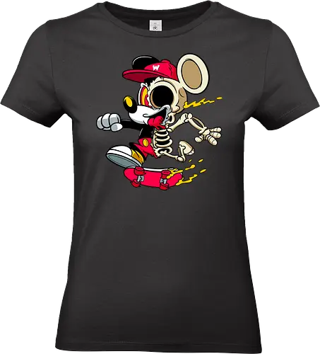 Skelett-Skater-Maus – Neon Streetwear Horror Cartoon Kunst - Pop Art Skate Horror, Maus Charakter Horror, Cartoon Skelett Streetwear, Skelett Skate Maus, Cartoon Horror Streetwear, rote Mütze Skelett, hypnotisches Auge Cartoon, Underground Skate Horror Kunst, schmelzende Neon Maus, Mickey Mouse horror, Mickey Mouse skeleton, Disney skate art, Mickey Mouse freaky, Disney horror geek, Geek Skate Horror Druck, Zombie Cartoon Skater, blauer Hintergrund Cartoon Horror, alternative Skate Kunst, dunkler urbaner Skate Cartoon, urbaner Neon Horror Druck - Standard T-Shirt (Women)