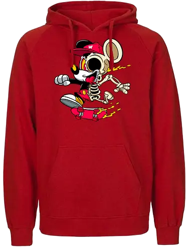 Skelett-Skater-Maus – Neon Streetwear Horror Cartoon Kunst - Pop Art Skate Horror, Maus Charakter Horror, Cartoon Skelett Streetwear, Skelett Skate Maus, Cartoon Horror Streetwear, rote Mütze Skelett, hypnotisches Auge Cartoon, Underground Skate Horror Kunst, schmelzende Neon Maus, Mickey Mouse horror, Mickey Mouse skeleton, Disney skate art, Mickey Mouse freaky, Disney horror geek, Geek Skate Horror Druck, Zombie Cartoon Skater, blauer Hintergrund Cartoon Horror, alternative Skate Kunst, dunkler urbaner Skate Cartoon, urbaner Neon Horror Druck - Fairtrade Hoodie