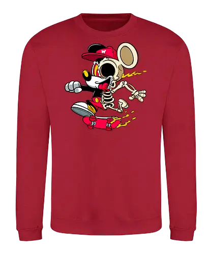 Skelett-Skater-Maus – Neon Streetwear Horror Cartoon Kunst - Pop Art Skate Horror, Maus Charakter Horror, Cartoon Skelett Streetwear, Skelett Skate Maus, Cartoon Horror Streetwear, rote Mütze Skelett, hypnotisches Auge Cartoon, Underground Skate Horror Kunst, schmelzende Neon Maus, Mickey Mouse horror, Mickey Mouse skeleton, Disney skate art, Mickey Mouse freaky, Disney horror geek, Geek Skate Horror Druck, Zombie Cartoon Skater, blauer Hintergrund Cartoon Horror, alternative Skate Kunst, dunkler urbaner Skate Cartoon, urbaner Neon Horror Druck - Sweatshirt