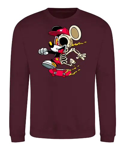 Skelett-Skater-Maus – Neon Streetwear Horror Cartoon Kunst - Pop Art Skate Horror, Maus Charakter Horror, Cartoon Skelett Streetwear, Skelett Skate Maus, Cartoon Horror Streetwear, rote Mütze Skelett, hypnotisches Auge Cartoon, Underground Skate Horror Kunst, schmelzende Neon Maus, Mickey Mouse horror, Mickey Mouse skeleton, Disney skate art, Mickey Mouse freaky, Disney horror geek, Geek Skate Horror Druck, Zombie Cartoon Skater, blauer Hintergrund Cartoon Horror, alternative Skate Kunst, dunkler urbaner Skate Cartoon, urbaner Neon Horror Druck - Sweatshirt