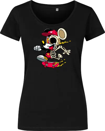 Skelett-Skater-Maus – Neon Streetwear Horror Cartoon Kunst - Pop Art Skate Horror, Maus Charakter Horror, Cartoon Skelett Streetwear, Skelett Skate Maus, Cartoon Horror Streetwear, rote Mütze Skelett, hypnotisches Auge Cartoon, Underground Skate Horror Kunst, schmelzende Neon Maus, Mickey Mouse horror, Mickey Mouse skeleton, Disney skate art, Mickey Mouse freaky, Disney horror geek, Geek Skate Horror Druck, Zombie Cartoon Skater, blauer Hintergrund Cartoon Horror, alternative Skate Kunst, dunkler urbaner Skate Cartoon, urbaner Neon Horror Druck - Women T-Shirt