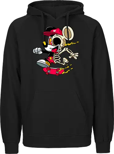 Skelett-Skater-Maus – Neon Streetwear Horror Cartoon Kunst - Pop Art Skate Horror, Maus Charakter Horror, Cartoon Skelett Streetwear, Skelett Skate Maus, Cartoon Horror Streetwear, rote Mütze Skelett, hypnotisches Auge Cartoon, Underground Skate Horror Kunst, schmelzende Neon Maus, Mickey Mouse horror, Mickey Mouse skeleton, Disney skate art, Mickey Mouse freaky, Disney horror geek, Geek Skate Horror Druck, Zombie Cartoon Skater, blauer Hintergrund Cartoon Horror, alternative Skate Kunst, dunkler urbaner Skate Cartoon, urbaner Neon Horror Druck - Fairtrade Hoodie