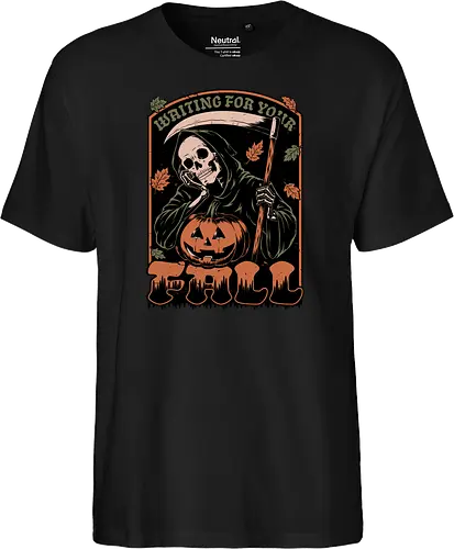 Grim Reaper Autumn - Pain, Halloween, Halloween Design, Halloween Art, Halloween Aesthetic, Halloween Pumpkin, Halloween Vibes, Spooky, Spooky Season, Creepy, Scary, Scary Art, Pumpkins, Pumpkin, Skeleton, Skull, Dark, Horror, Horror Stories, Fright, Creature, Autumn, Autumn Leaves, Autumn Vibes, Autumn Season, Fall, Fall Leaves, Fall Vibes, Leaves, Leaf, Pumpkin Season, Fun, Funny, Dark Humor, Humor, Sarcastic, Sarcasm, Irony, Dread, Existential Dread. Laugh, Laughing, Nihilist Humor, Nihilist, Relatable - Fairtrade T-Shirt