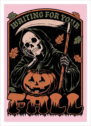 Grim Reaper Autumn - Pain, Halloween, Halloween Design, Halloween Art, Halloween Aesthetic, Halloween Pumpkin, Halloween Vibes, Spooky, Spooky Season, Creepy, Scary, Scary Art, Pumpkins, Pumpkin, Skeleton, Skull, Dark, Horror, Horror Stories, Fright, Creature, Autumn, Autumn Leaves, Autumn Vibes, Autumn Season, Fall, Fall Leaves, Fall Vibes, Leaves, Leaf, Pumpkin Season, Fun, Funny, Dark Humor, Humor, Sarcastic, Sarcasm, Irony, Dread, Existential Dread. Laugh, Laughing, Nihilist Humor, Nihilist, Relatable - Artprint