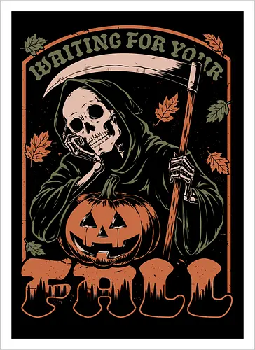 Grim Reaper Autumn - Pain, Halloween, Halloween Design, Halloween Art, Halloween Aesthetic, Halloween Pumpkin, Halloween Vibes, Spooky, Spooky Season, Creepy, Scary, Scary Art, Pumpkins, Pumpkin, Skeleton, Skull, Dark, Horror, Horror Stories, Fright, Creature, Autumn, Autumn Leaves, Autumn Vibes, Autumn Season, Fall, Fall Leaves, Fall Vibes, Leaves, Leaf, Pumpkin Season, Fun, Funny, Dark Humor, Humor, Sarcastic, Sarcasm, Irony, Dread, Existential Dread. Laugh, Laughing, Nihilist Humor, Nihilist, Relatable - Artprint