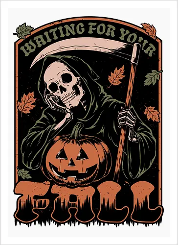 Grim Reaper Autumn - Pain, Halloween, Halloween Design, Halloween Art, Halloween Aesthetic, Halloween Pumpkin, Halloween Vibes, Spooky, Spooky Season, Creepy, Scary, Scary Art, Pumpkins, Pumpkin, Skeleton, Skull, Dark, Horror, Horror Stories, Fright, Creature, Autumn, Autumn Leaves, Autumn Vibes, Autumn Season, Fall, Fall Leaves, Fall Vibes, Leaves, Leaf, Pumpkin Season, Fun, Funny, Dark Humor, Humor, Sarcastic, Sarcasm, Irony, Dread, Existential Dread. Laugh, Laughing, Nihilist Humor, Nihilist, Relatable - Artprint