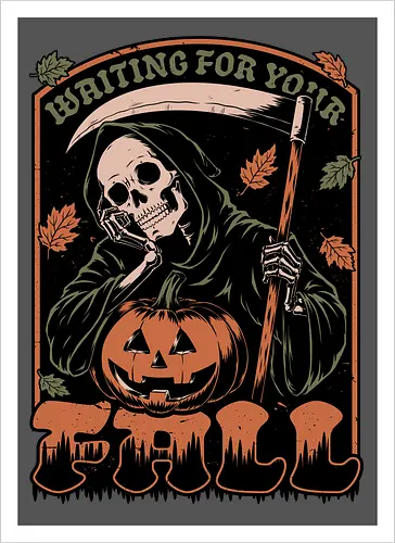 Grim Reaper Autumn - Pain, Halloween, Halloween Design, Halloween Art, Halloween Aesthetic, Halloween Pumpkin, Halloween Vibes, Spooky, Spooky Season, Creepy, Scary, Scary Art, Pumpkins, Pumpkin, Skeleton, Skull, Dark, Horror, Horror Stories, Fright, Creature, Autumn, Autumn Leaves, Autumn Vibes, Autumn Season, Fall, Fall Leaves, Fall Vibes, Leaves, Leaf, Pumpkin Season, Fun, Funny, Dark Humor, Humor, Sarcastic, Sarcasm, Irony, Dread, Existential Dread. Laugh, Laughing, Nihilist Humor, Nihilist, Relatable - Artprint