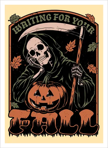 Grim Reaper Autumn - Pain, Halloween, Halloween Design, Halloween Art, Halloween Aesthetic, Halloween Pumpkin, Halloween Vibes, Spooky, Spooky Season, Creepy, Scary, Scary Art, Pumpkins, Pumpkin, Skeleton, Skull, Dark, Horror, Horror Stories, Fright, Creature, Autumn, Autumn Leaves, Autumn Vibes, Autumn Season, Fall, Fall Leaves, Fall Vibes, Leaves, Leaf, Pumpkin Season, Fun, Funny, Dark Humor, Humor, Sarcastic, Sarcasm, Irony, Dread, Existential Dread. Laugh, Laughing, Nihilist Humor, Nihilist, Relatable - Artprint