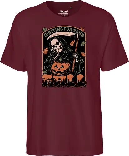 Grim Reaper Autumn - Pain, Halloween, Halloween Design, Halloween Art, Halloween Aesthetic, Halloween Pumpkin, Halloween Vibes, Spooky, Spooky Season, Creepy, Scary, Scary Art, Pumpkins, Pumpkin, Skeleton, Skull, Dark, Horror, Horror Stories, Fright, Creature, Autumn, Autumn Leaves, Autumn Vibes, Autumn Season, Fall, Fall Leaves, Fall Vibes, Leaves, Leaf, Pumpkin Season, Fun, Funny, Dark Humor, Humor, Sarcastic, Sarcasm, Irony, Dread, Existential Dread. Laugh, Laughing, Nihilist Humor, Nihilist, Relatable - Fairtrade T-Shirt