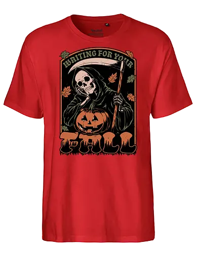 Grim Reaper Autumn - Pain, Halloween, Halloween Design, Halloween Art, Halloween Aesthetic, Halloween Pumpkin, Halloween Vibes, Spooky, Spooky Season, Creepy, Scary, Scary Art, Pumpkins, Pumpkin, Skeleton, Skull, Dark, Horror, Horror Stories, Fright, Creature, Autumn, Autumn Leaves, Autumn Vibes, Autumn Season, Fall, Fall Leaves, Fall Vibes, Leaves, Leaf, Pumpkin Season, Fun, Funny, Dark Humor, Humor, Sarcastic, Sarcasm, Irony, Dread, Existential Dread. Laugh, Laughing, Nihilist Humor, Nihilist, Relatable - Fairtrade T-Shirt