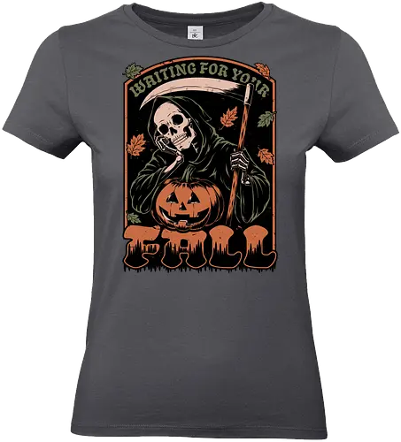 Grim Reaper Autumn - Pain, Halloween, Halloween Design, Halloween Art, Halloween Aesthetic, Halloween Pumpkin, Halloween Vibes, Spooky, Spooky Season, Creepy, Scary, Scary Art, Pumpkins, Pumpkin, Skeleton, Skull, Dark, Horror, Horror Stories, Fright, Creature, Autumn, Autumn Leaves, Autumn Vibes, Autumn Season, Fall, Fall Leaves, Fall Vibes, Leaves, Leaf, Pumpkin Season, Fun, Funny, Dark Humor, Humor, Sarcastic, Sarcasm, Irony, Dread, Existential Dread. Laugh, Laughing, Nihilist Humor, Nihilist, Relatable - Standard T-Shirt (Women)