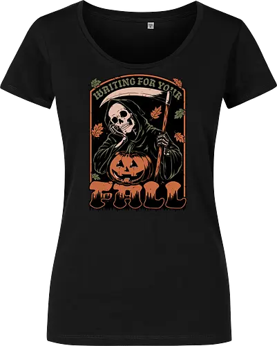 Grim Reaper Autumn - Pain, Halloween, Halloween Design, Halloween Art, Halloween Aesthetic, Halloween Pumpkin, Halloween Vibes, Spooky, Spooky Season, Creepy, Scary, Scary Art, Pumpkins, Pumpkin, Skeleton, Skull, Dark, Horror, Horror Stories, Fright, Creature, Autumn, Autumn Leaves, Autumn Vibes, Autumn Season, Fall, Fall Leaves, Fall Vibes, Leaves, Leaf, Pumpkin Season, Fun, Funny, Dark Humor, Humor, Sarcastic, Sarcasm, Irony, Dread, Existential Dread. Laugh, Laughing, Nihilist Humor, Nihilist, Relatable - Women T-Shirt