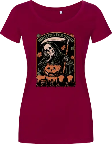 Grim Reaper Autumn - Pain, Halloween, Halloween Design, Halloween Art, Halloween Aesthetic, Halloween Pumpkin, Halloween Vibes, Spooky, Spooky Season, Creepy, Scary, Scary Art, Pumpkins, Pumpkin, Skeleton, Skull, Dark, Horror, Horror Stories, Fright, Creature, Autumn, Autumn Leaves, Autumn Vibes, Autumn Season, Fall, Fall Leaves, Fall Vibes, Leaves, Leaf, Pumpkin Season, Fun, Funny, Dark Humor, Humor, Sarcastic, Sarcasm, Irony, Dread, Existential Dread. Laugh, Laughing, Nihilist Humor, Nihilist, Relatable - Women T-Shirt
