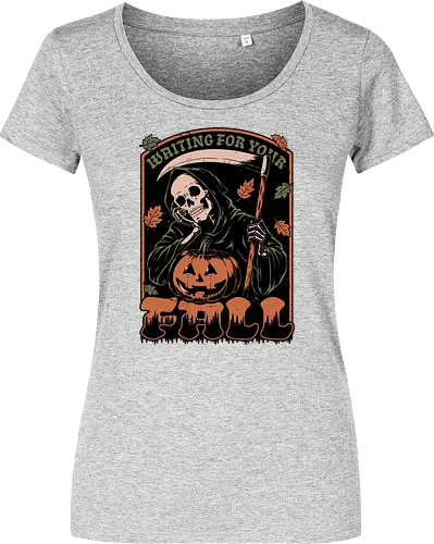 Grim Reaper Autumn - Pain, Halloween, Halloween Design, Halloween Art, Halloween Aesthetic, Halloween Pumpkin, Halloween Vibes, Spooky, Spooky Season, Creepy, Scary, Scary Art, Pumpkins, Pumpkin, Skeleton, Skull, Dark, Horror, Horror Stories, Fright, Creature, Autumn, Autumn Leaves, Autumn Vibes, Autumn Season, Fall, Fall Leaves, Fall Vibes, Leaves, Leaf, Pumpkin Season, Fun, Funny, Dark Humor, Humor, Sarcastic, Sarcasm, Irony, Dread, Existential Dread. Laugh, Laughing, Nihilist Humor, Nihilist, Relatable - Women T-Shirt