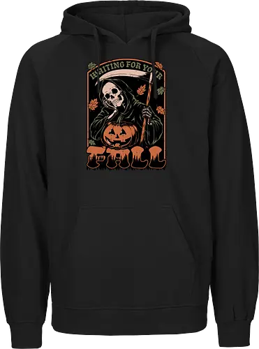 Grim Reaper Autumn - Pain, Halloween, Halloween Design, Halloween Art, Halloween Aesthetic, Halloween Pumpkin, Halloween Vibes, Spooky, Spooky Season, Creepy, Scary, Scary Art, Pumpkins, Pumpkin, Skeleton, Skull, Dark, Horror, Horror Stories, Fright, Creature, Autumn, Autumn Leaves, Autumn Vibes, Autumn Season, Fall, Fall Leaves, Fall Vibes, Leaves, Leaf, Pumpkin Season, Fun, Funny, Dark Humor, Humor, Sarcastic, Sarcasm, Irony, Dread, Existential Dread. Laugh, Laughing, Nihilist Humor, Nihilist, Relatable - Fairtrade Hoodie