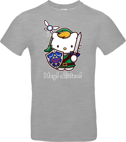 Niedliche Figur als Held mit Magischem Schild - niedliche Figur, ausgerüsteter Held, magischer Schild, Feenbegleiterin, glänzendes Schwert, Kawaii-Mashup, episches Abenteuer, Cat, legend, Hero of Time, Navi, Hey Listen, Sanrio, Ocarina, bunte Fantasie, fliegende magische Kreatur, Vektorillustration, grüner Helm, entzückender Krieger, Dreieckssymbol, Warnphrase, nostalgischer Gamer-Stil - Standard T-Shirt