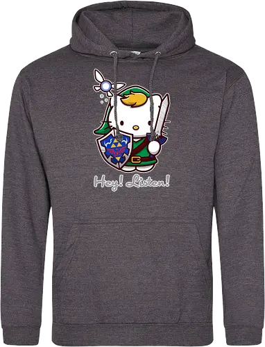 Niedliche Figur als Held mit Magischem Schild - niedliche Figur, ausgerüsteter Held, magischer Schild, Feenbegleiterin, glänzendes Schwert, Kawaii-Mashup, episches Abenteuer, Cat, legend, Hero of Time, Navi, Hey Listen, Sanrio, Ocarina, bunte Fantasie, fliegende magische Kreatur, Vektorillustration, grüner Helm, entzückender Krieger, Dreieckssymbol, Warnphrase, nostalgischer Gamer-Stil - Standard Hoodie