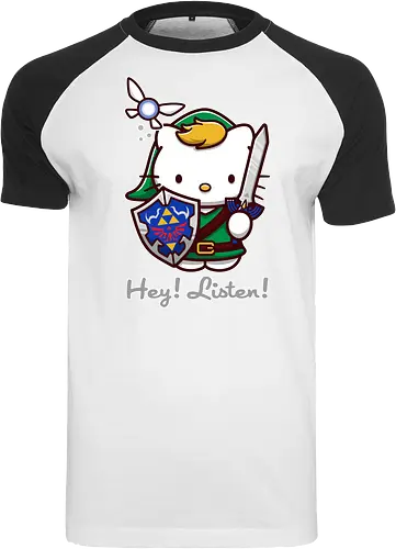 Niedliche Figur als Held mit Magischem Schild - niedliche Figur, ausgerüsteter Held, magischer Schild, Feenbegleiterin, glänzendes Schwert, Kawaii-Mashup, episches Abenteuer, Cat, legend, Hero of Time, Navi, Hey Listen, Sanrio, Ocarina, bunte Fantasie, fliegende magische Kreatur, Vektorillustration, grüner Helm, entzückender Krieger, Dreieckssymbol, Warnphrase, nostalgischer Gamer-Stil - Raglan T-Shirt