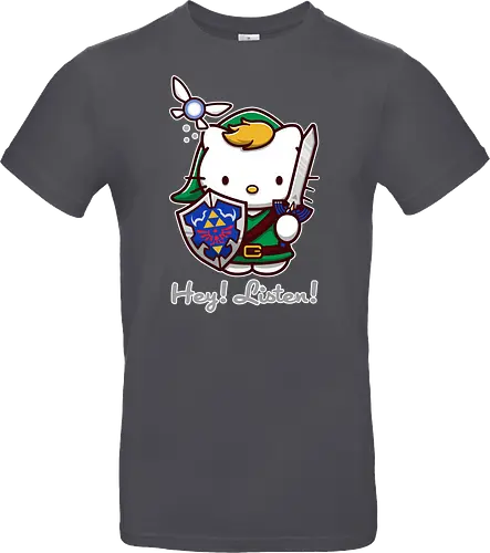 Niedliche Figur als Held mit Magischem Schild - niedliche Figur, ausgerüsteter Held, magischer Schild, Feenbegleiterin, glänzendes Schwert, Kawaii-Mashup, episches Abenteuer, Cat, legend, Hero of Time, Navi, Hey Listen, Sanrio, Ocarina, bunte Fantasie, fliegende magische Kreatur, Vektorillustration, grüner Helm, entzückender Krieger, Dreieckssymbol, Warnphrase, nostalgischer Gamer-Stil - Standard T-Shirt