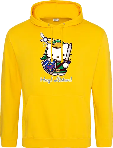 Niedliche Figur als Held mit Magischem Schild - niedliche Figur, ausgerüsteter Held, magischer Schild, Feenbegleiterin, glänzendes Schwert, Kawaii-Mashup, episches Abenteuer, Cat, legend, Hero of Time, Navi, Hey Listen, Sanrio, Ocarina, bunte Fantasie, fliegende magische Kreatur, Vektorillustration, grüner Helm, entzückender Krieger, Dreieckssymbol, Warnphrase, nostalgischer Gamer-Stil - Standard Hoodie