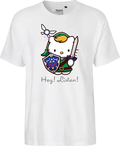 Niedliche Figur als Held mit Magischem Schild - niedliche Figur, ausgerüsteter Held, magischer Schild, Feenbegleiterin, glänzendes Schwert, Kawaii-Mashup, episches Abenteuer, Cat, legend, Hero of Time, Navi, Hey Listen, Sanrio, Ocarina, bunte Fantasie, fliegende magische Kreatur, Vektorillustration, grüner Helm, entzückender Krieger, Dreieckssymbol, Warnphrase, nostalgischer Gamer-Stil - Fairtrade T-Shirt