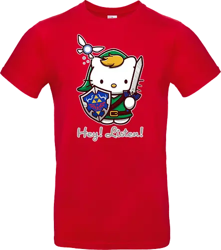 Niedliche Figur als Held mit Magischem Schild - niedliche Figur, ausgerüsteter Held, magischer Schild, Feenbegleiterin, glänzendes Schwert, Kawaii-Mashup, episches Abenteuer, Cat, legend, Hero of Time, Navi, Hey Listen, Sanrio, Ocarina, bunte Fantasie, fliegende magische Kreatur, Vektorillustration, grüner Helm, entzückender Krieger, Dreieckssymbol, Warnphrase, nostalgischer Gamer-Stil - Standard T-Shirt
