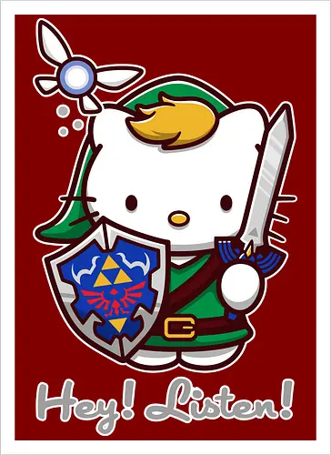Niedliche Figur als Held mit Magischem Schild - niedliche Figur, ausgerüsteter Held, magischer Schild, Feenbegleiterin, glänzendes Schwert, Kawaii-Mashup, episches Abenteuer, Cat, legend, Hero of Time, Navi, Hey Listen, Sanrio, Ocarina, bunte Fantasie, fliegende magische Kreatur, Vektorillustration, grüner Helm, entzückender Krieger, Dreieckssymbol, Warnphrase, nostalgischer Gamer-Stil - Artprint