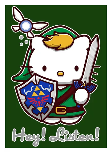Niedliche Figur als Held mit Magischem Schild - niedliche Figur, ausgerüsteter Held, magischer Schild, Feenbegleiterin, glänzendes Schwert, Kawaii-Mashup, episches Abenteuer, Cat, legend, Hero of Time, Navi, Hey Listen, Sanrio, Ocarina, bunte Fantasie, fliegende magische Kreatur, Vektorillustration, grüner Helm, entzückender Krieger, Dreieckssymbol, Warnphrase, nostalgischer Gamer-Stil - Artprint