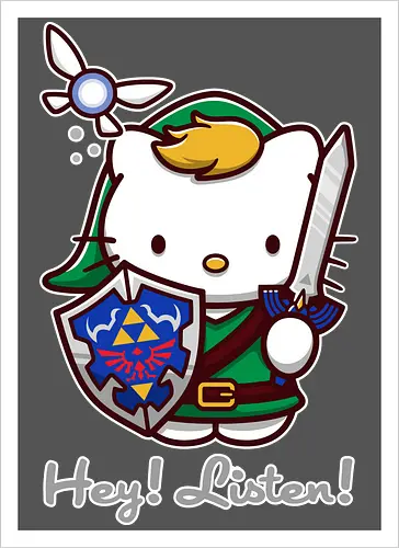 Niedliche Figur als Held mit Magischem Schild - niedliche Figur, ausgerüsteter Held, magischer Schild, Feenbegleiterin, glänzendes Schwert, Kawaii-Mashup, episches Abenteuer, Cat, legend, Hero of Time, Navi, Hey Listen, Sanrio, Ocarina, bunte Fantasie, fliegende magische Kreatur, Vektorillustration, grüner Helm, entzückender Krieger, Dreieckssymbol, Warnphrase, nostalgischer Gamer-Stil - Artprint