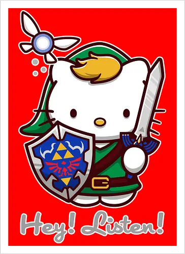 Niedliche Figur als Held mit Magischem Schild - niedliche Figur, ausgerüsteter Held, magischer Schild, Feenbegleiterin, glänzendes Schwert, Kawaii-Mashup, episches Abenteuer, Cat, legend, Hero of Time, Navi, Hey Listen, Sanrio, Ocarina, bunte Fantasie, fliegende magische Kreatur, Vektorillustration, grüner Helm, entzückender Krieger, Dreieckssymbol, Warnphrase, nostalgischer Gamer-Stil - Artprint