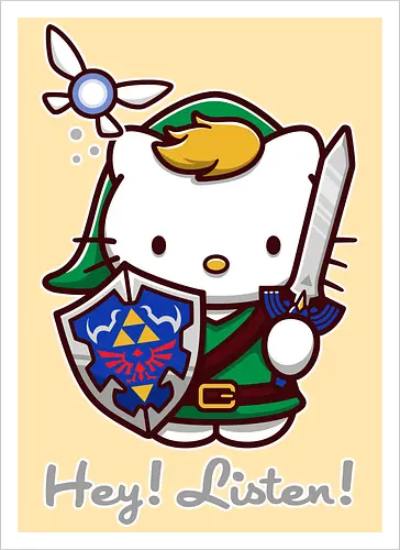 Niedliche Figur als Held mit Magischem Schild - niedliche Figur, ausgerüsteter Held, magischer Schild, Feenbegleiterin, glänzendes Schwert, Kawaii-Mashup, episches Abenteuer, Cat, legend, Hero of Time, Navi, Hey Listen, Sanrio, Ocarina, bunte Fantasie, fliegende magische Kreatur, Vektorillustration, grüner Helm, entzückender Krieger, Dreieckssymbol, Warnphrase, nostalgischer Gamer-Stil - Artprint