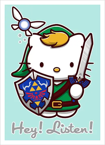 Niedliche Figur als Held mit Magischem Schild - niedliche Figur, ausgerüsteter Held, magischer Schild, Feenbegleiterin, glänzendes Schwert, Kawaii-Mashup, episches Abenteuer, Cat, legend, Hero of Time, Navi, Hey Listen, Sanrio, Ocarina, bunte Fantasie, fliegende magische Kreatur, Vektorillustration, grüner Helm, entzückender Krieger, Dreieckssymbol, Warnphrase, nostalgischer Gamer-Stil - Artprint