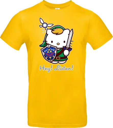 Niedliche Figur als Held mit Magischem Schild - niedliche Figur, ausgerüsteter Held, magischer Schild, Feenbegleiterin, glänzendes Schwert, Kawaii-Mashup, episches Abenteuer, Cat, legend, Hero of Time, Navi, Hey Listen, Sanrio, Ocarina, bunte Fantasie, fliegende magische Kreatur, Vektorillustration, grüner Helm, entzückender Krieger, Dreieckssymbol, Warnphrase, nostalgischer Gamer-Stil - Standard T-Shirt
