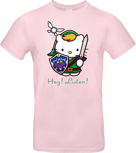 Niedliche Figur als Held mit Magischem Schild - niedliche Figur, ausgerüsteter Held, magischer Schild, Feenbegleiterin, glänzendes Schwert, Kawaii-Mashup, episches Abenteuer, Cat, legend, Hero of Time, Navi, Hey Listen, Sanrio, Ocarina, bunte Fantasie, fliegende magische Kreatur, Vektorillustration, grüner Helm, entzückender Krieger, Dreieckssymbol, Warnphrase, nostalgischer Gamer-Stil - Standard T-Shirt
