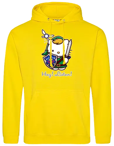 Niedliche Figur als Held mit Magischem Schild - niedliche Figur, ausgerüsteter Held, magischer Schild, Feenbegleiterin, glänzendes Schwert, Kawaii-Mashup, episches Abenteuer, Cat, legend, Hero of Time, Navi, Hey Listen, Sanrio, Ocarina, bunte Fantasie, fliegende magische Kreatur, Vektorillustration, grüner Helm, entzückender Krieger, Dreieckssymbol, Warnphrase, nostalgischer Gamer-Stil - Standard Hoodie