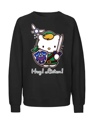 Niedliche Figur als Held mit Magischem Schild - niedliche Figur, ausgerüsteter Held, magischer Schild, Feenbegleiterin, glänzendes Schwert, Kawaii-Mashup, episches Abenteuer, Cat, legend, Hero of Time, Navi, Hey Listen, Sanrio, Ocarina, bunte Fantasie, fliegende magische Kreatur, Vektorillustration, grüner Helm, entzückender Krieger, Dreieckssymbol, Warnphrase, nostalgischer Gamer-Stil - Fairtrade Sweatshirt