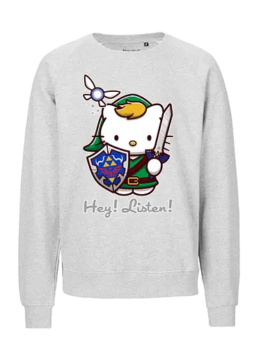 Niedliche Figur als Held mit Magischem Schild - niedliche Figur, ausgerüsteter Held, magischer Schild, Feenbegleiterin, glänzendes Schwert, Kawaii-Mashup, episches Abenteuer, Cat, legend, Hero of Time, Navi, Hey Listen, Sanrio, Ocarina, bunte Fantasie, fliegende magische Kreatur, Vektorillustration, grüner Helm, entzückender Krieger, Dreieckssymbol, Warnphrase, nostalgischer Gamer-Stil - Fairtrade Sweatshirt