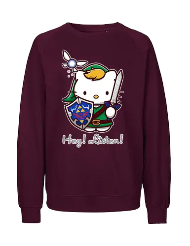 Niedliche Figur als Held mit Magischem Schild - niedliche Figur, ausgerüsteter Held, magischer Schild, Feenbegleiterin, glänzendes Schwert, Kawaii-Mashup, episches Abenteuer, Cat, legend, Hero of Time, Navi, Hey Listen, Sanrio, Ocarina, bunte Fantasie, fliegende magische Kreatur, Vektorillustration, grüner Helm, entzückender Krieger, Dreieckssymbol, Warnphrase, nostalgischer Gamer-Stil - Fairtrade Sweatshirt