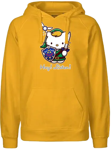 Niedliche Figur als Held mit Magischem Schild - niedliche Figur, ausgerüsteter Held, magischer Schild, Feenbegleiterin, glänzendes Schwert, Kawaii-Mashup, episches Abenteuer, Cat, legend, Hero of Time, Navi, Hey Listen, Sanrio, Ocarina, bunte Fantasie, fliegende magische Kreatur, Vektorillustration, grüner Helm, entzückender Krieger, Dreieckssymbol, Warnphrase, nostalgischer Gamer-Stil - Fairtrade Hoodie