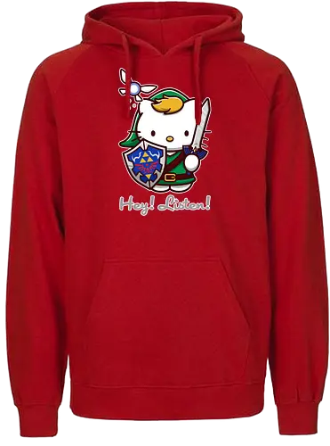 Niedliche Figur als Held mit Magischem Schild - niedliche Figur, ausgerüsteter Held, magischer Schild, Feenbegleiterin, glänzendes Schwert, Kawaii-Mashup, episches Abenteuer, Cat, legend, Hero of Time, Navi, Hey Listen, Sanrio, Ocarina, bunte Fantasie, fliegende magische Kreatur, Vektorillustration, grüner Helm, entzückender Krieger, Dreieckssymbol, Warnphrase, nostalgischer Gamer-Stil - Fairtrade Hoodie