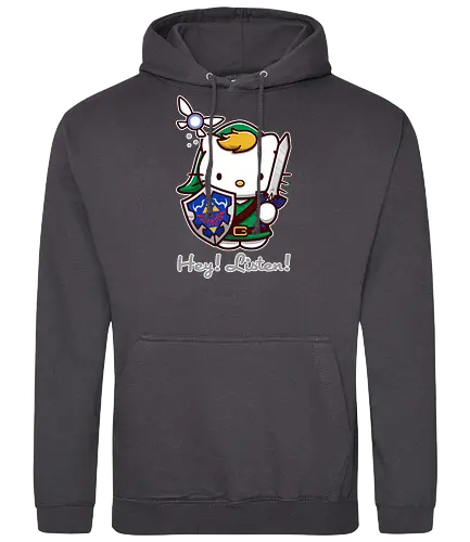 Niedliche Figur als Held mit Magischem Schild - niedliche Figur, ausgerüsteter Held, magischer Schild, Feenbegleiterin, glänzendes Schwert, Kawaii-Mashup, episches Abenteuer, Cat, legend, Hero of Time, Navi, Hey Listen, Sanrio, Ocarina, bunte Fantasie, fliegende magische Kreatur, Vektorillustration, grüner Helm, entzückender Krieger, Dreieckssymbol, Warnphrase, nostalgischer Gamer-Stil - Standard Hoodie