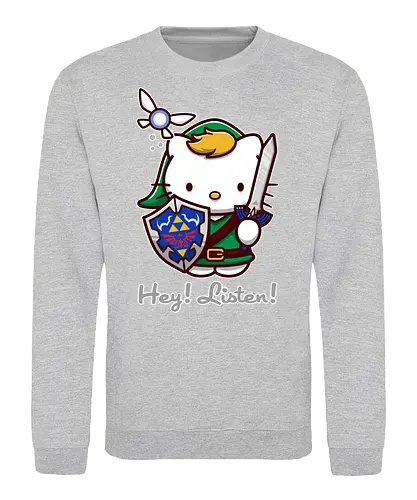 Niedliche Figur als Held mit Magischem Schild - niedliche Figur, ausgerüsteter Held, magischer Schild, Feenbegleiterin, glänzendes Schwert, Kawaii-Mashup, episches Abenteuer, Cat, legend, Hero of Time, Navi, Hey Listen, Sanrio, Ocarina, bunte Fantasie, fliegende magische Kreatur, Vektorillustration, grüner Helm, entzückender Krieger, Dreieckssymbol, Warnphrase, nostalgischer Gamer-Stil - Sweatshirt
