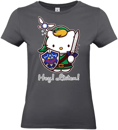 Niedliche Figur als Held mit Magischem Schild - niedliche Figur, ausgerüsteter Held, magischer Schild, Feenbegleiterin, glänzendes Schwert, Kawaii-Mashup, episches Abenteuer, Cat, legend, Hero of Time, Navi, Hey Listen, Sanrio, Ocarina, bunte Fantasie, fliegende magische Kreatur, Vektorillustration, grüner Helm, entzückender Krieger, Dreieckssymbol, Warnphrase, nostalgischer Gamer-Stil - Standard T-Shirt (Women)