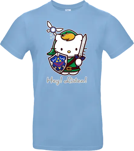 Niedliche Figur als Held mit Magischem Schild - niedliche Figur, ausgerüsteter Held, magischer Schild, Feenbegleiterin, glänzendes Schwert, Kawaii-Mashup, episches Abenteuer, Cat, legend, Hero of Time, Navi, Hey Listen, Sanrio, Ocarina, bunte Fantasie, fliegende magische Kreatur, Vektorillustration, grüner Helm, entzückender Krieger, Dreieckssymbol, Warnphrase, nostalgischer Gamer-Stil - Standard T-Shirt