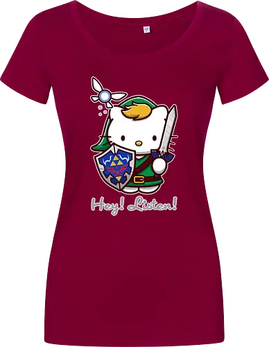 Niedliche Figur als Held mit Magischem Schild - niedliche Figur, ausgerüsteter Held, magischer Schild, Feenbegleiterin, glänzendes Schwert, Kawaii-Mashup, episches Abenteuer, Cat, legend, Hero of Time, Navi, Hey Listen, Sanrio, Ocarina, bunte Fantasie, fliegende magische Kreatur, Vektorillustration, grüner Helm, entzückender Krieger, Dreieckssymbol, Warnphrase, nostalgischer Gamer-Stil - Women T-Shirt