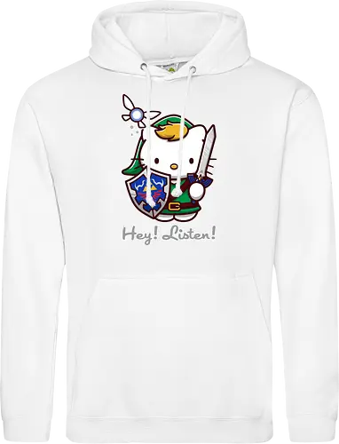 Niedliche Figur als Held mit Magischem Schild - niedliche Figur, ausgerüsteter Held, magischer Schild, Feenbegleiterin, glänzendes Schwert, Kawaii-Mashup, episches Abenteuer, Cat, legend, Hero of Time, Navi, Hey Listen, Sanrio, Ocarina, bunte Fantasie, fliegende magische Kreatur, Vektorillustration, grüner Helm, entzückender Krieger, Dreieckssymbol, Warnphrase, nostalgischer Gamer-Stil - Standard Hoodie
